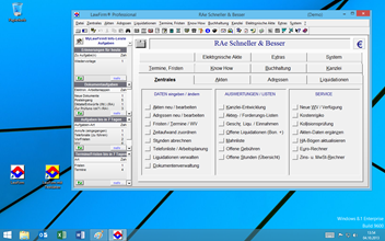 Windows 8.1 Anwaltssoftware Labortests - LawFirm Professional - Men-Hauptbersicht (Standard-Fenstergre ohne LawFirm Zoom, 1000 x 600) mit MyLawFirm Infoleiste (Workflow, Teamwork, Aufgabenverwaltung)