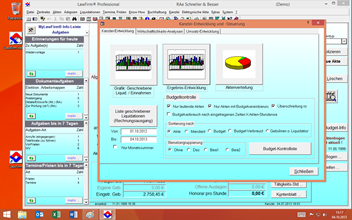 Windows 8.1 Kanzleisoftware Labortests - LawFirm Professional - Fenster "Kanzlei-Entwicklung" (Wirtschaftlichkeitsanalysen, Umsatz-Statistiken) mit neuer Auswahlvorschau-Anzeige in der Windows Taskleiste, auerdem individuelle Einstellung 3D-Farbverlauf